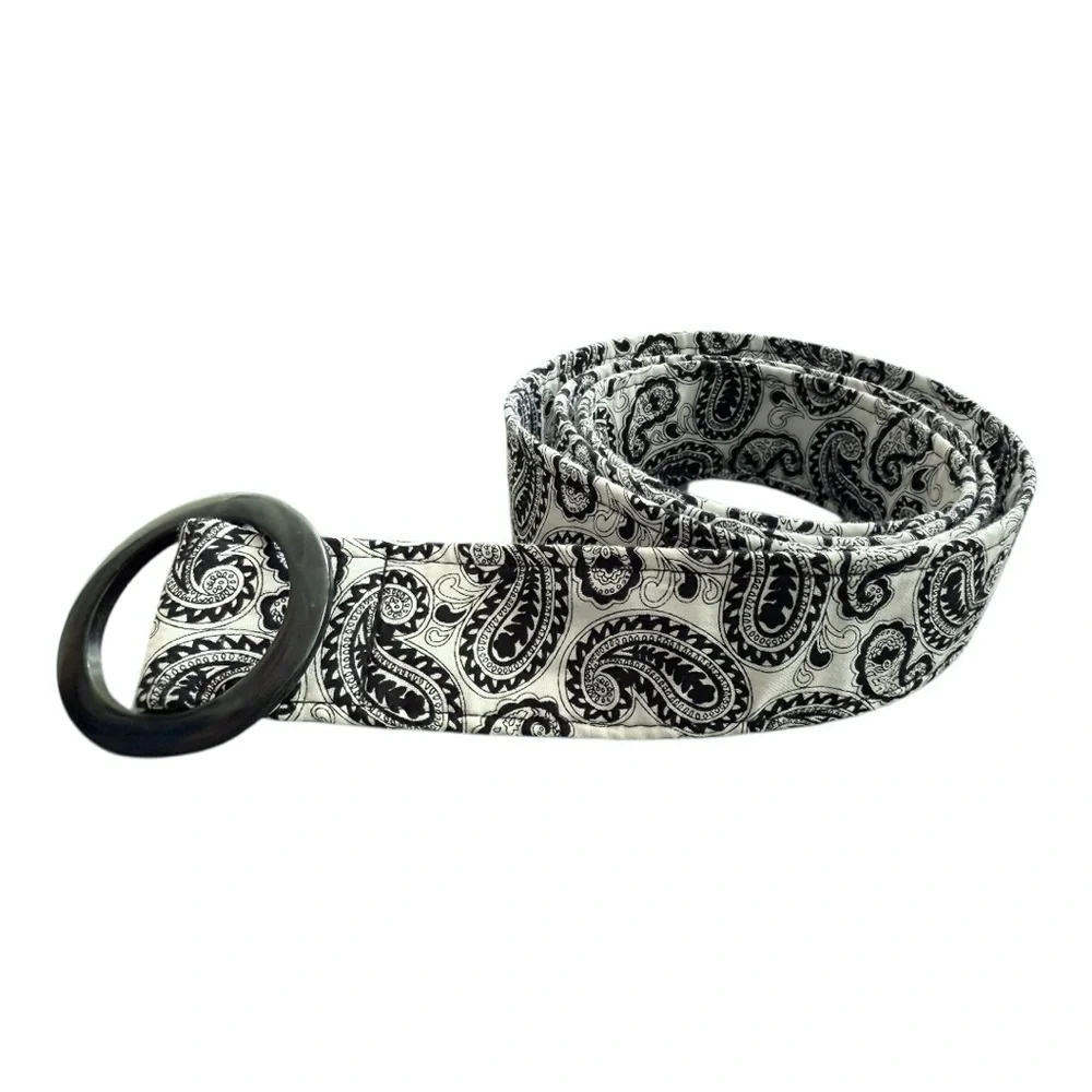 White Bandana Black Paisley Thick Fabric Belt Size L/XL 45” Classic